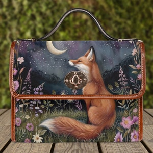 Porte-monnaie Moon Gaze Fox, renard cottage sombre, sac à main cartable rétro, sac en renard forestier, sac en renard mignon, sac à bandoulière en cuir végétalien, cadeau pour amoureux du renard