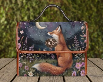Moon Gaze Fox Purse, dark cottagecore fox, retro satchel handbag, forest fox bag, cute fox bag, vegan leather shoulder bag, fox lover gift