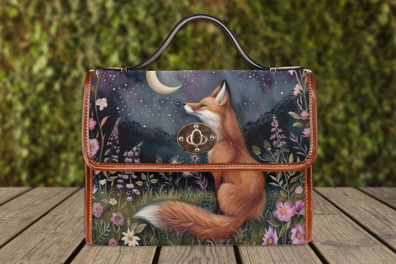 Moon Gaze Fox Purse, dark cottagecore fox, retro satchel handbag, forest fox bag, cute fox bag, vegan leather shoulder bag, fox lover gift