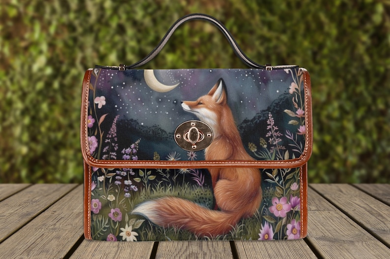 Moon Gaze Fox Purse, dark cottagecore fox, retro satchel handbag, forest fox bag, cute fox bag, vegan leather shoulder bag, fox lover gift, fae and magpie