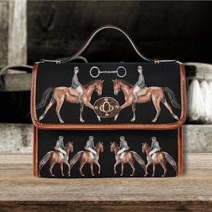Equestrian Horses Black Satchel Handbag, horse riding Bag, horse gift, cottagecore bag, horse pattern handbag, show jumping bag, horse gift