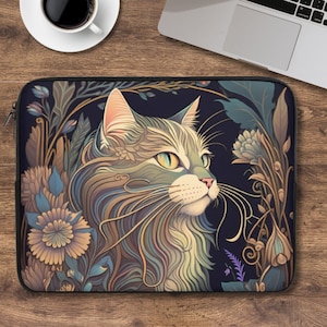 Mystical Cat Witchy Laptop Sleeve, dark cottagecore cat laptop case, witch IPad tablet cover, cat lover laptop padded bag witchcore cat gift
