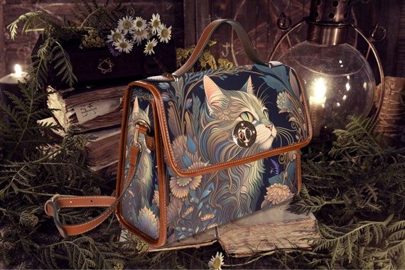 Mystic Cat Witchy Satchel Handbag Cottagecore Cat Bag Goth Bag Black Brown Vegan Leather Shoulder Bag Grey Cat Gift Dark Academia Etsy Ireland