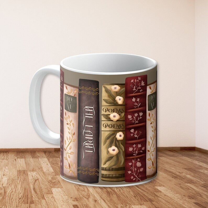 Bookish Cottagecore Mug, dark academia mug, book lover gift, coffee and books cup, librarian style decor, librarycore brown mug, preppy mug, fae and magpie