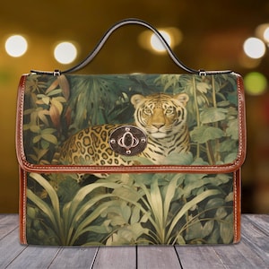 Sac à main sac à main Jungle Tiger Satchel, sac animal sauvage sombre, sac à main tigre fantaisie, sac à bandoulière en cuir végétalien marron, cadeau pour amoureux des tigres
