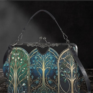 Tree of Life Vintage Bag, Kisslock Crossbody Shoulder Bag, Stained Glass Blue Green Purse, Gothic Church Handbag, Black Top Handle Bag