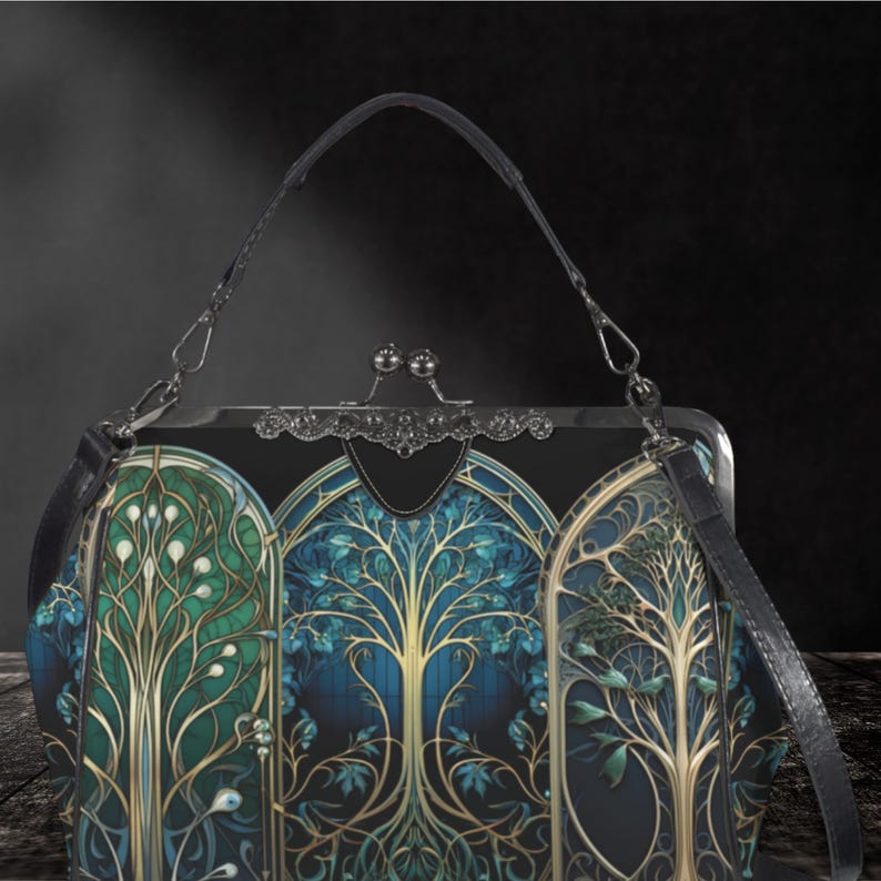 Tree of Life Vintage Bag, Kisslock Crossbody Shoulder Bag, Stained Glass Blue Green Purse, Gothic Church Handbag, Black Top Handle Bag