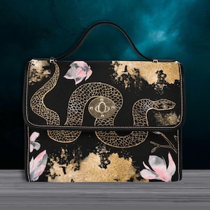 Sac cartable en toile serpent doré, sac à main bandoulière serpent sorcière, sac à main gothique en cuir végétalien noir, sac serpent et fleurs en or rose
