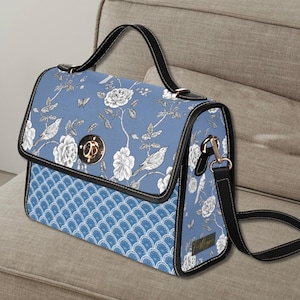 Bolso tipo cartera de lona azul China Cottagecore de Toile de Jouy, bolso azul y blanco, bolso de hombro con asa superior, bolso con diseño de pájaros y hojas, bolso chinoiserie