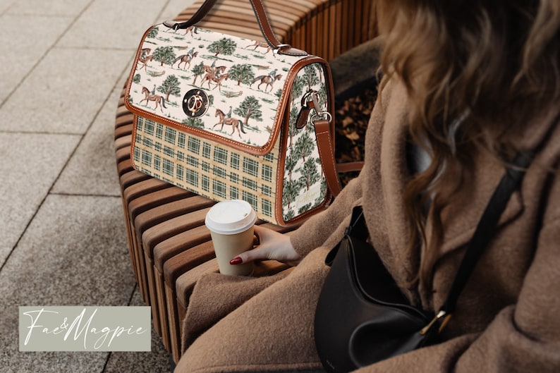 Equestrian Handbag, Horses Bag, Horse Gift, Cottagecore Satchel Bag, Horse Riding, Horse Pattern Handbag, Green and Cream Bag, Fae and Magpie