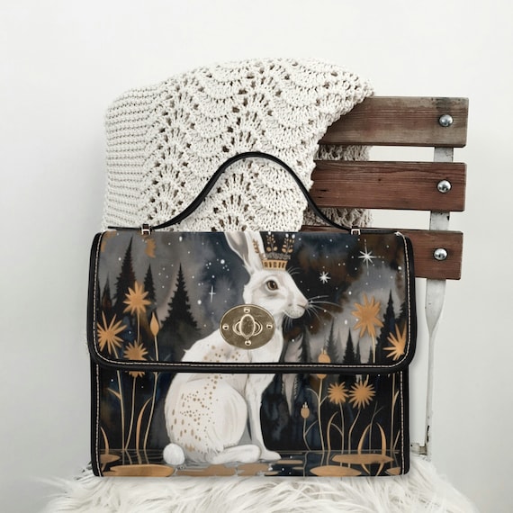 White Hare Cottagecore Canvas Satchel Bag Black Top Handle Shoulder Bag Rabbit Purse Dark Academia Handbag Nature Lover Bag Etsy