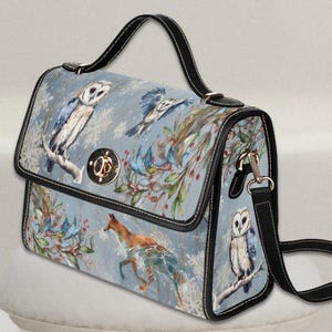 Sac cartable en toile rétro animal en bois d'hiver, sac bandoulière en forme de hibou cottage, sac bleu d'hiver witchy, sac en cuir végétalien, cadeau sac à main en renard