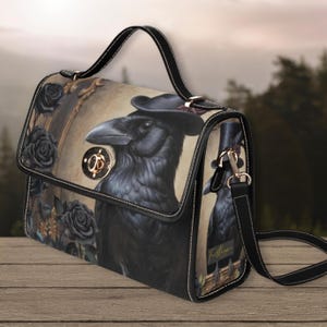 Cartable en toile corbeau avec chapeau haut de forme, sac à poignée supérieure Witchy Raven, sac à main Witchcore, sac à main Dark Academia Crow, sac corbeau gothique victorien