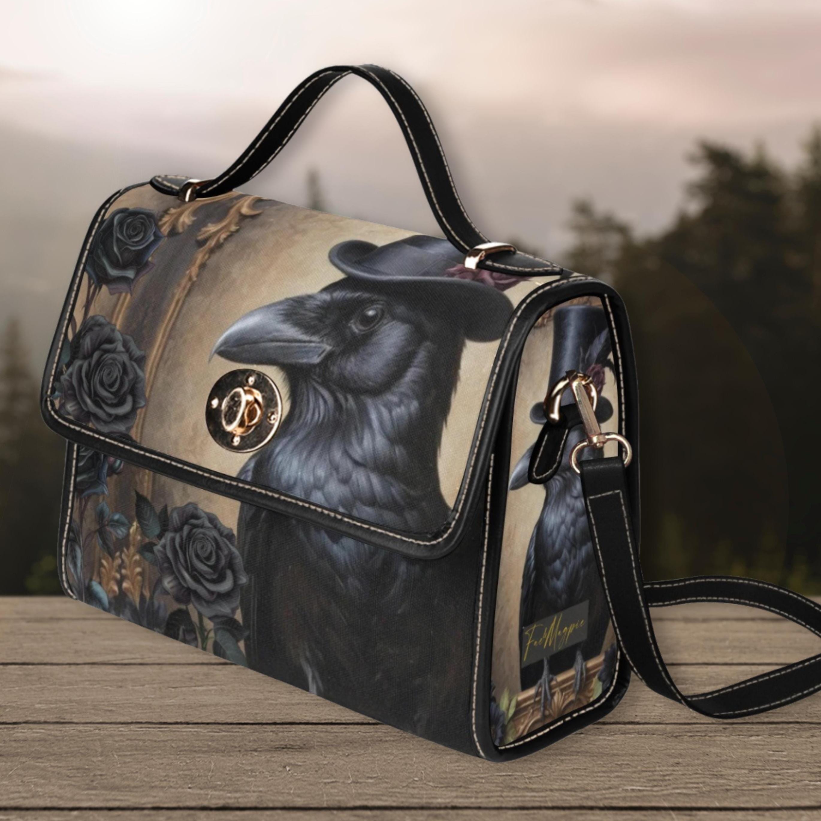 Crow in Top Hat Canvas Satchel Bag, Witchy Raven Top Handle Bag