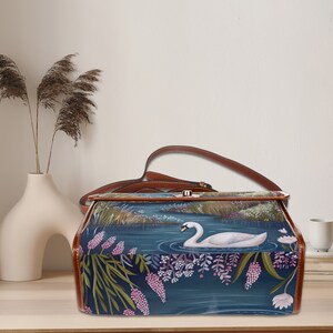 Swan Lake Retro Canvas Satchel Bag, bird cottagecore crossed body bag, blue floral bag, vegan leather bag, swan lover purse gift, white swan, fae and magpie