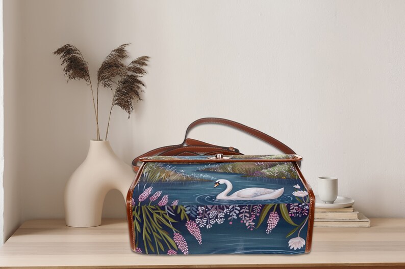 Swan Lake Retro Canvas Satchel Bag, bird cottagecore crossed body bag, blue floral bag, vegan leather bag, swan lover purse gift, white swan, fae and magpie