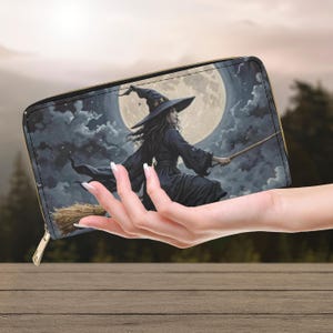 Monedero con diseño de escoba de bruja voladora, cartera de mano de bruja oscura, monedero gótico con cremallera, regalo de Halloween de bruja lunar, monedero negro original de Witchcore