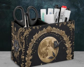 Mystic Moon Desk Tidy, pu leather pen holder, gothic lunar desk organiser, office accessories, witchy desk, witchcore salem home decor