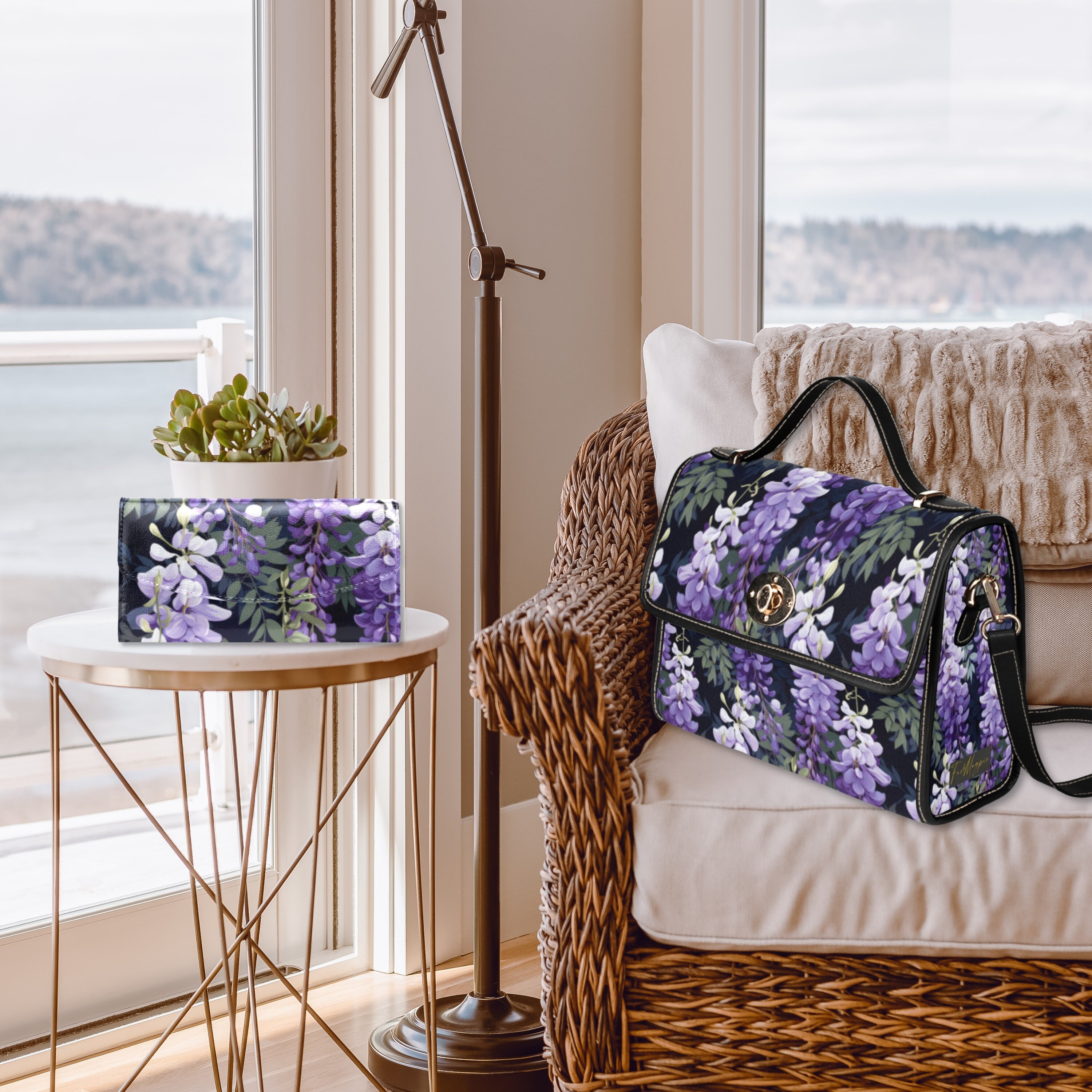 Purple Wisteria Canvas Satchel Bag, Cottagecore Top Handle Bag