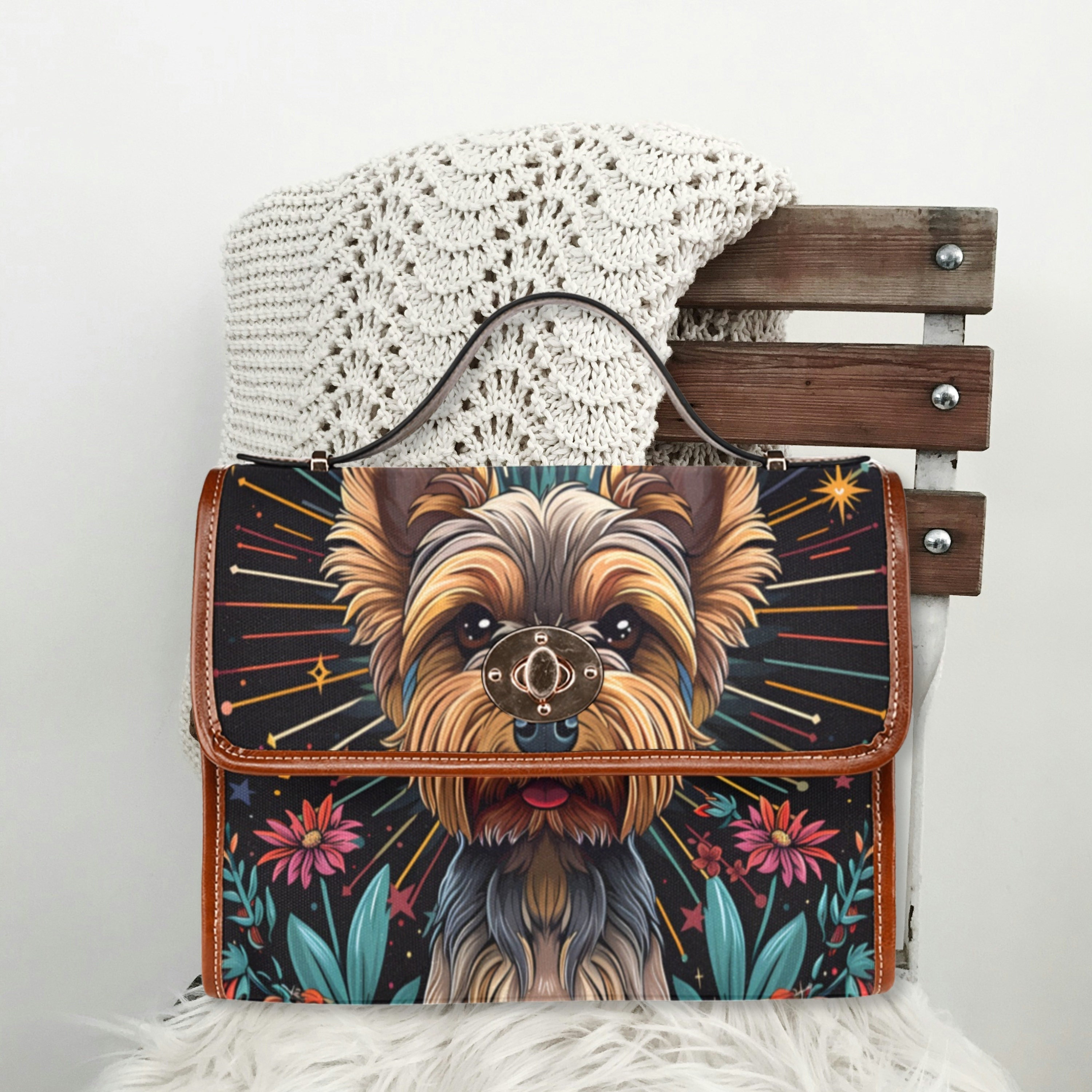 Yorkshire Terrier Dog Satchel Handbag Purse, Dog Vegan Leather