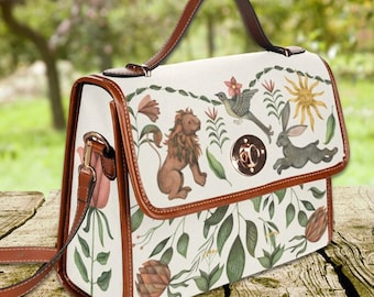 Cottagecore Canvas Satchel Bag, Vintage Garden Animals, Top Handle Shoulder Bag