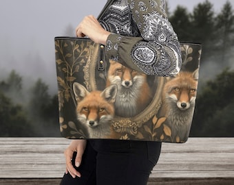 Vintage Fox Dark Cottagecore Black Shoulder Bag, Forest Fox Women