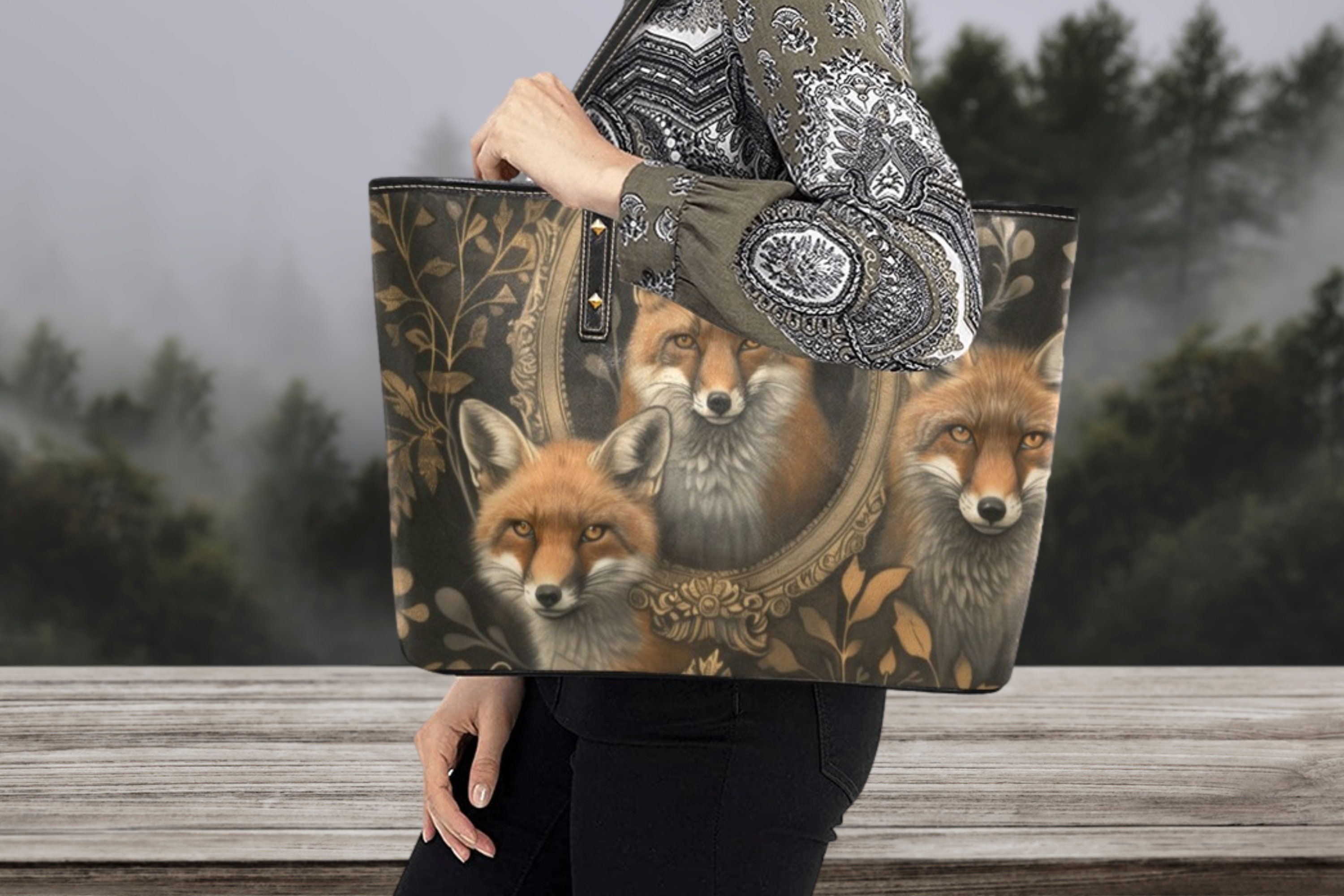 Vintage Fox Dark Cottagecore Black Shoulder Bag, Forest Fox Women