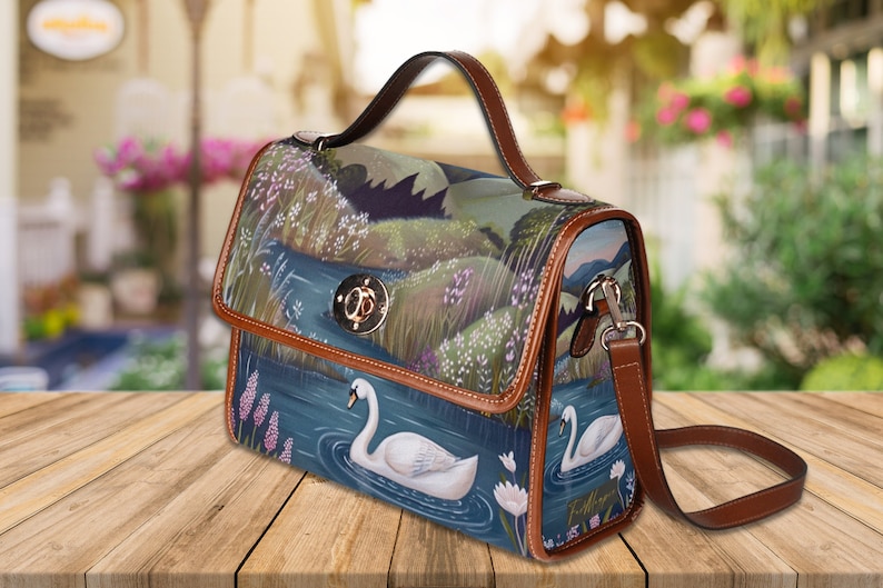 Swan Lake Retro Canvas Satchel Bag, bird cottagecore crossed body bag, blue floral bag, vegan leather bag, swan lover purse gift, white swan, fae and magpie