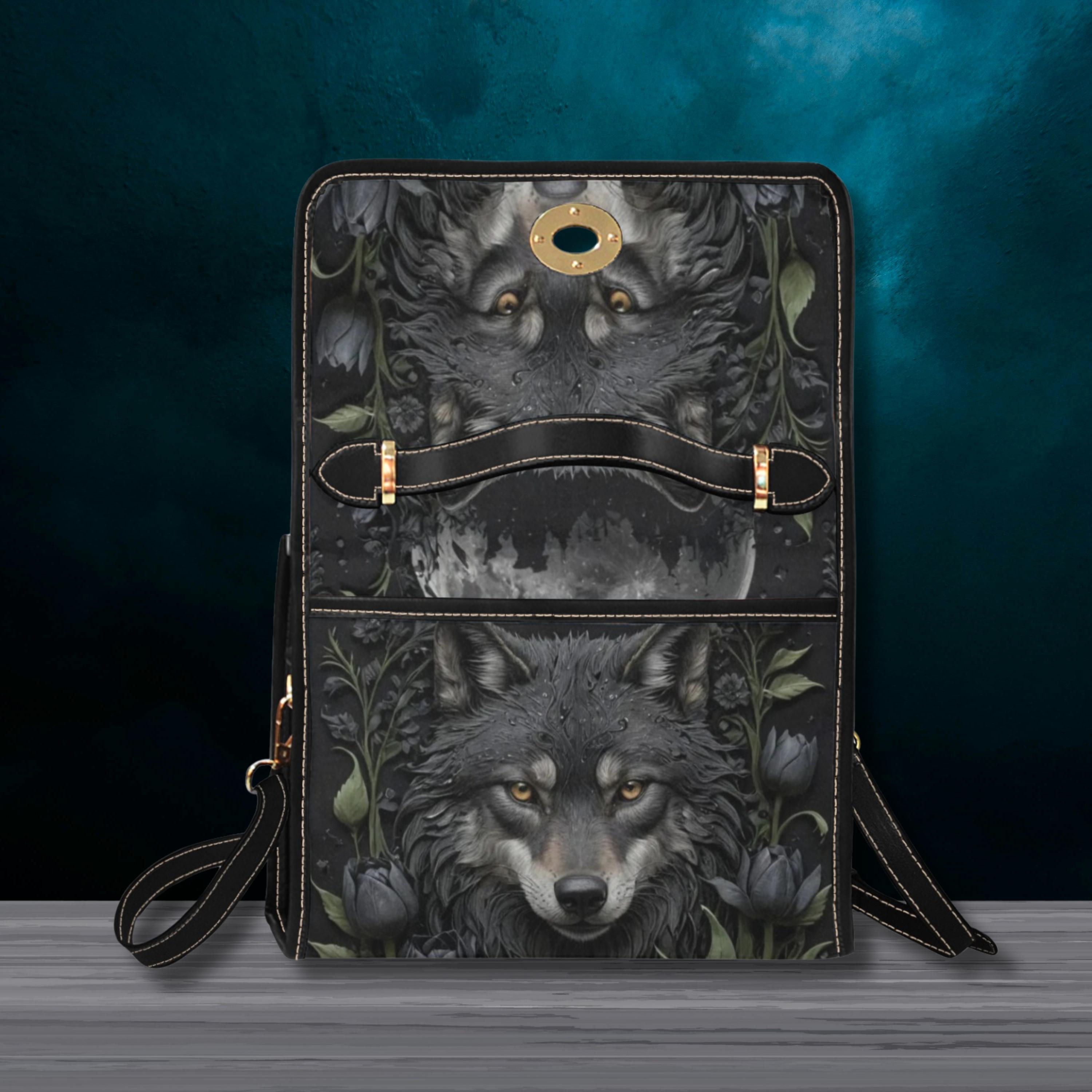 Black Wolf Dark Academia Satchel handbag, gothic Wolf bag, goth bag, Black vegan leather shoulder bag, Black tulips, werewolf bag, Wolf gift Black Wolf Dark Academia Satchel handbag, gothic Wolf bag, goth bag, Black vegan leather shoulder bag, Black tulips, werewolf bag, Wolf gift
