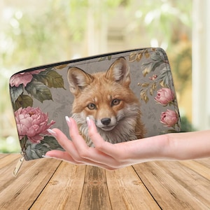 Fox Pink Flower Wallet Purse, cute fox clutch wallet , fox nature lover Gift, coquette pink zip purse, cottagecore fox purse gift, fox bag