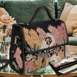 Bolso de lona estilo retro con motivos florales vintage, bolso cruzado de estilo cottagecore, bolso de mano estilo Morris, bolso de cuero vegano, regalo de cartera de mediados de siglo