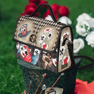 Bolso de lona retro del Sombrerero Loco, bolso de Alicia en el País de las Maravillas, bolso mágico para naipes, bolso bohemio hippie, bolso rojo y negro