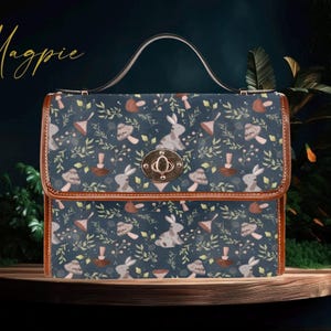 Forest Witch Cute Canvas Satchel Bag, sac à main en lapin cottagecore, joli sac à main en cuir végétalien, sac à main pour femme de la forêt, cadeau bohème hippies