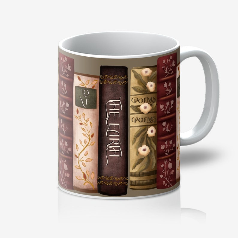 Bookish Cottagecore Mug, dark academia mug, book lover gift, coffee and books cup, librarian style decor, librarycore brown mug, preppy mug, fae and magpie