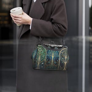 Tree of Life Vintage Bag, Kisslock Crossbody Shoulder Bag, Stained Glass Blue Green Purse, Gothic Church Handbag, Black Top Handle Bag