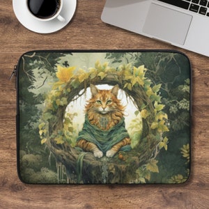 Witchy Forest Cat Laptop Sleeve, dark cottagecore cat laptop case, witch IPad tablet cover, cat lover laptop padded bag witchcore cat gift
