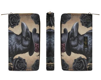 Crow in Top Hat Wallet Purse, Gothic Witchy Clutch Wallet