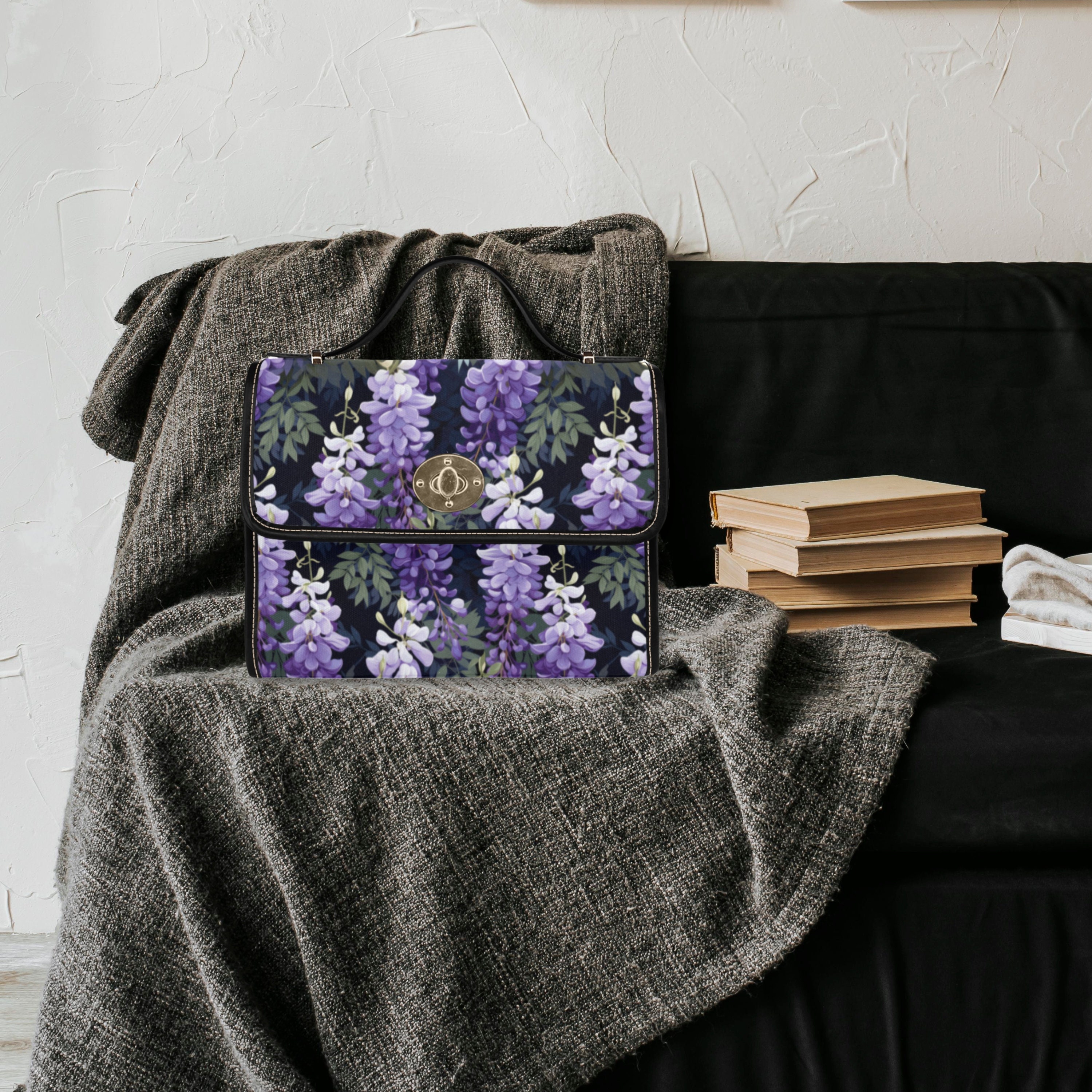 Purple Wisteria Canvas Satchel Bag, Cottagecore Top Handle Bag