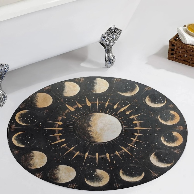 Moon Floor Pattern Moon Phase Velvet Floor Mat, Dark Cottagecore Rug, Circular Coral ...