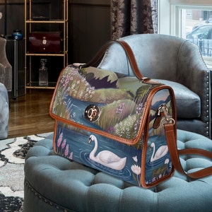 Swan Lake Retro Canvas Satchel Bag, bird cottagecore crossed body bag, blue floral bag, vegan leather bag, swan lover purse gift, white swan, fae and magpie