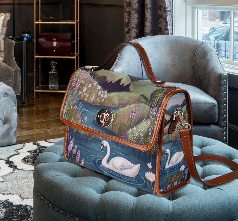 Swan Lake Retro Canvas Satchel Bag, bird cottagecore crossed body bag, blue floral bag, vegan leather bag, swan lover purse gift, white swan, fae and magpie