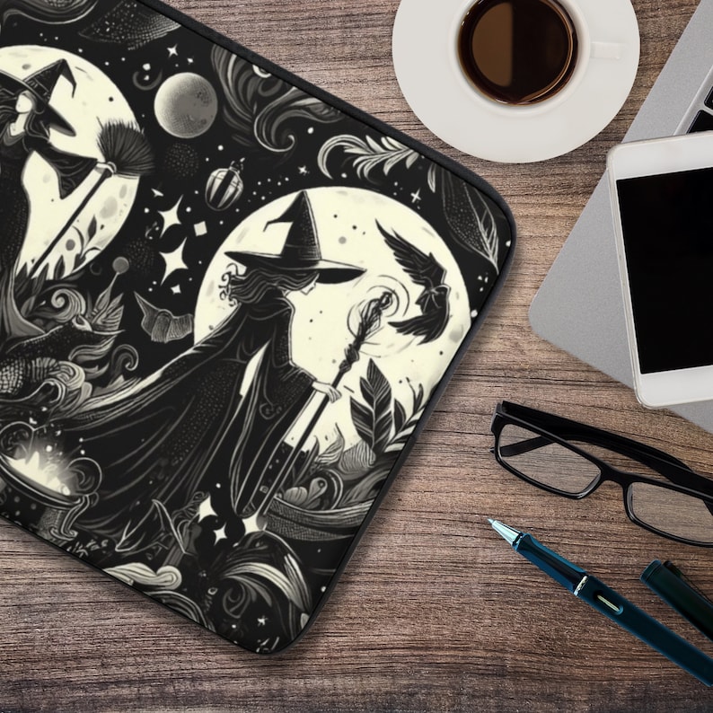 Witches Laptop Sleeve, dark academia laptop case IPad tablet cover, travel case, witchy gift laptop padded bag, witchcore case, witchy moon, fae and magpie