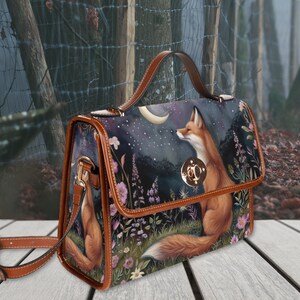 Moon Gaze Fox Purse, dark cottagecore fox, retro satchel handbag, forest fox bag, cute fox bag, vegan leather shoulder bag, fox lover gift, fae and magpie