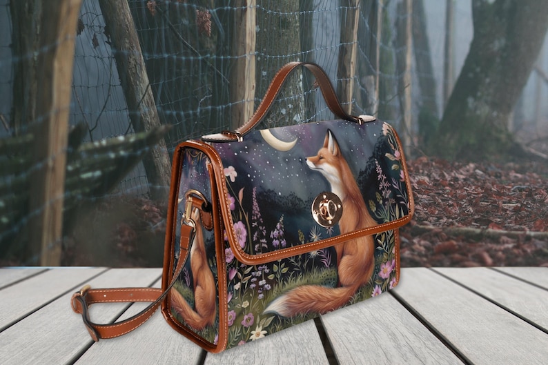 Moon Gaze Fox Purse, dark cottagecore fox, retro satchel handbag, forest fox bag, cute fox bag, vegan leather shoulder bag, fox lover gift, fae and magpie