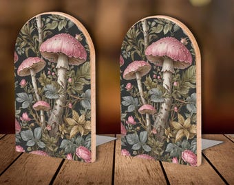 Sujetalibros de hongo rosa, sujetalibros forestcore, atril decorativo para libros, sujetalibros de madera, decoración de oficina cottagecore, regalo para amantes de los libros, seta venenosa
