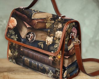 Vintage Bücher Bibliothek Umhängetasche, Academia Handtasche, Cottagecore Crossed Body Handtasche, Hippies Boho Geschenk, vegane Leder Umhängetasche, Büchertasche