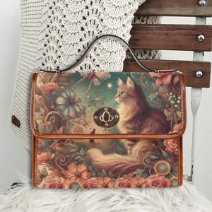 Sac à main Fantasy Cat Satchel, sac pour chat cottagecore, sac à main bohème de conte de fées, sac à bandoulière en cuir végétalien marron, cadeau pour amoureux des chats, sac pour chat mystique
