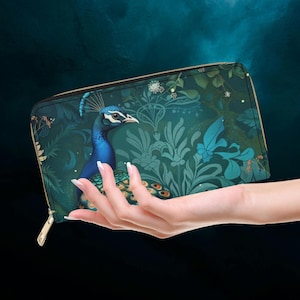 Monedero con diseño de pavo real, monedero con diseño de pavo real azul y verde, regalo para amantes de los pájaros, regalo de pavo real, billetera original, billetera con diseño de pavo real con cremallera dorada, monedero con diseño de pájaro azul