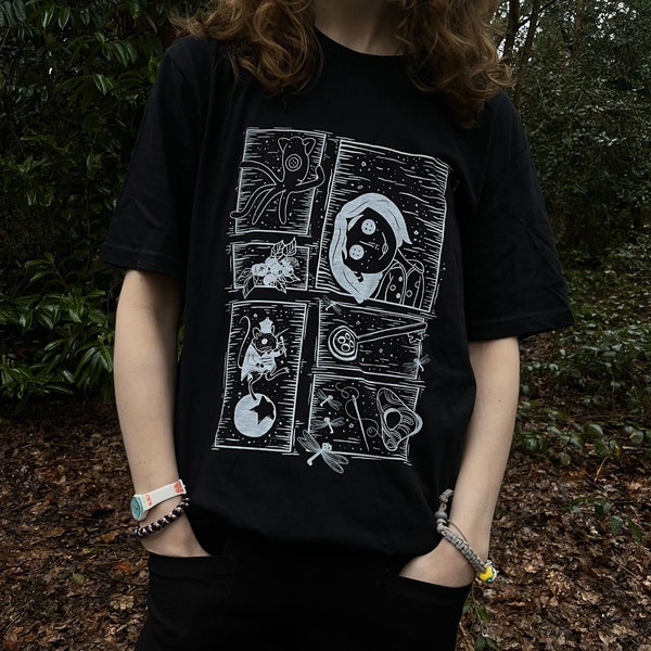 Hand Printed Button Up Unisex Black T-Shirt
