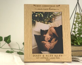 First Christmas New Home Gift | New Home First Christmas Wooden Engraved Photo Frame | Personalised Names & Address